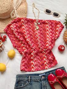 Comfortcana Women's Casual Hollow-Out Asymmetric Collar Knit T-Shirt - Hot Pink - View 4