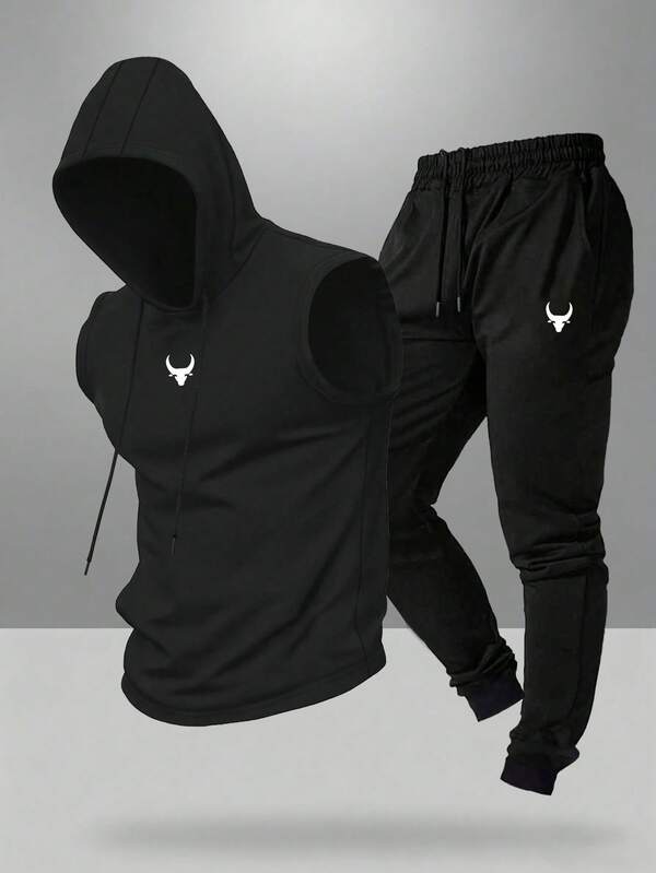 Manfinity Sport Corelite Men's Bull Print Drawstring Hooded Tank Top And Pants Sports Suit
