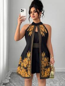 Mono de verano de talla grande para mujer con estampado de batik negro y dorado.Diseño estilizador y retro con cuello halter.Adecuado para: atuendos de viaje con temática del sudeste asiático, fiestas/reuniones, vacaciones y ocio, actuaciones culturales/shows, restaurantes especializados/puestos de costumbres populares - Multicolor - Ver 6
