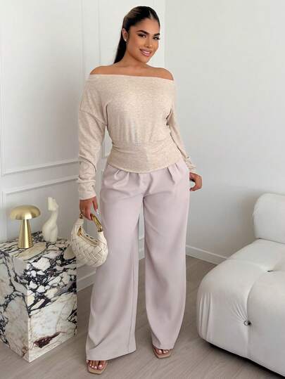 Maria Perezxox 杏色针织不对称肩长袖上衣，秋冬女士