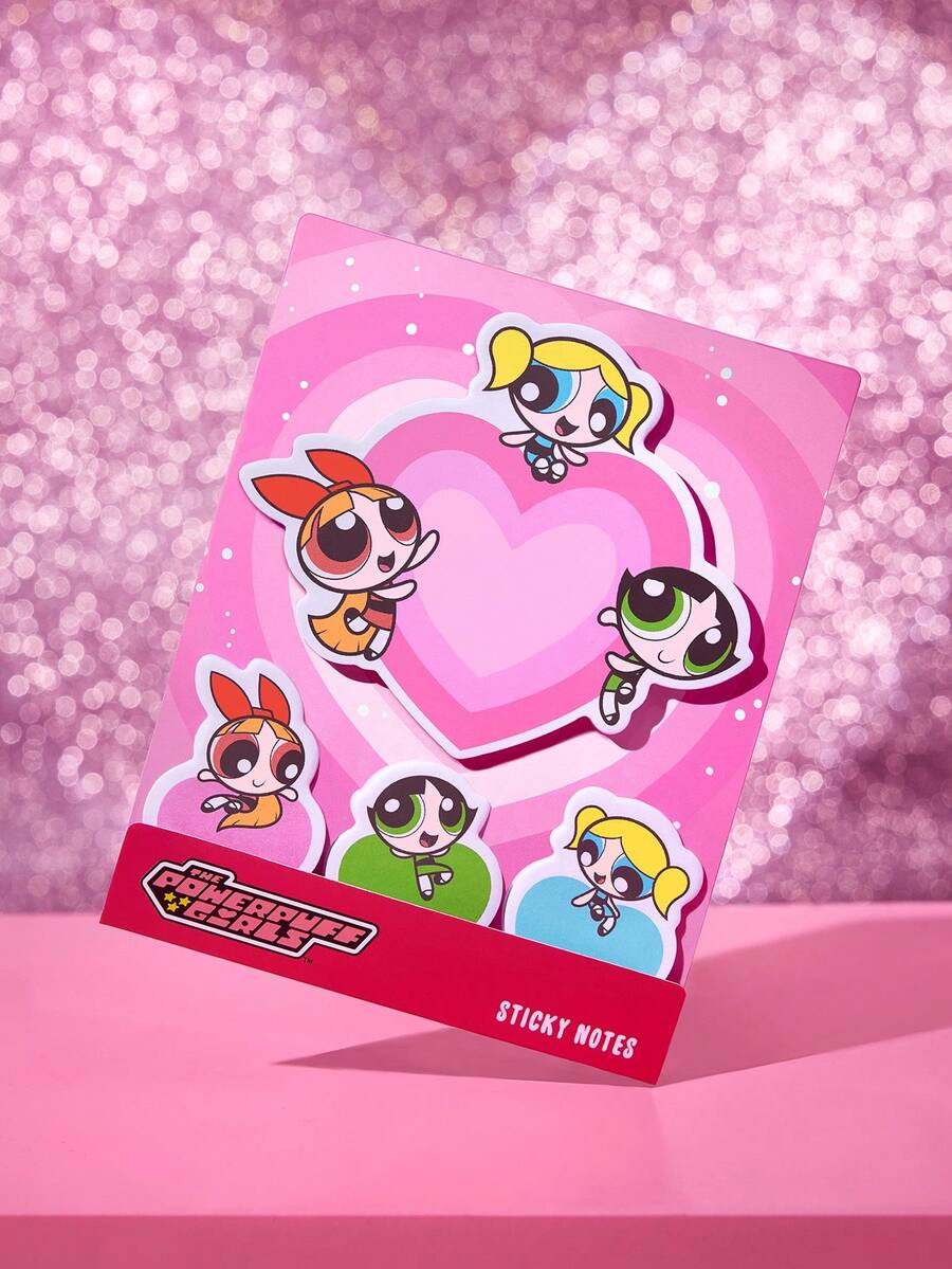 THE POWERPUFF GIRLS X SHEIN 记事本套装，可爱记事本，书写备忘录页标记，猫咪儿童办公学习用品创意礼物 - 粉色 - 查看 1