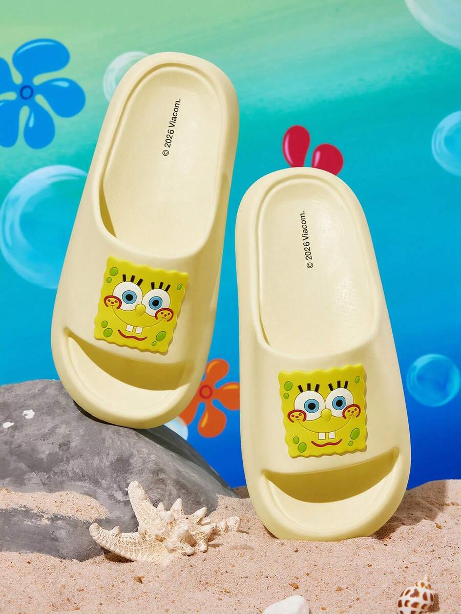 SpongeBob SquarePants | SHEIN 时尚可爱卡通浅黄色女士套脚拖鞋，防滑速干，轻便耐用EVA材质，适合居家、浴室、游乐场、游泳池、海滩等室内外场所穿着，不对称图案 - 黃色 - 查看 1