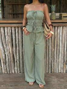 SHEIN EZwear 2 piezas Conjunto de top bandeau plisado y pantalones casuales de punto verde para mujer - Verde - Ver 1