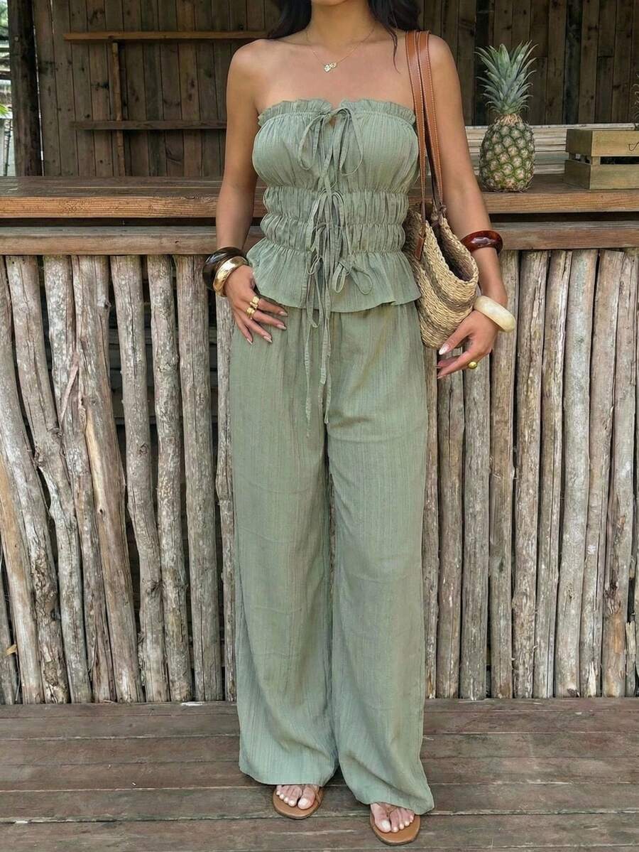 SHEIN EZwear 2 piezas Conjunto de top bandeau plisado y pantalones casuales de punto verde para mujer - Verde - Ver 1