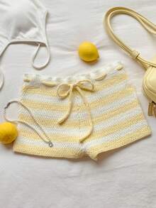 Comfortcana 女士抽绳腰带条纹休闲针织短裤 - 黃色 - 查看 6