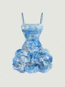 SHEIN MOD Women's Floral Fitted Ruched Bubble Hem Organza Mini Dress, Y2k Dresses, Women's Talk Dress, Birthday Outfit Dress Party Dress Summer Dress Outfit Dress Pleated Dress,Summer Dresses For Women - Blue - View 5