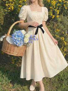 Serisse Kids 少女撞色泡泡袖收腰休闲连衣裙 - 白色 - 查看 2