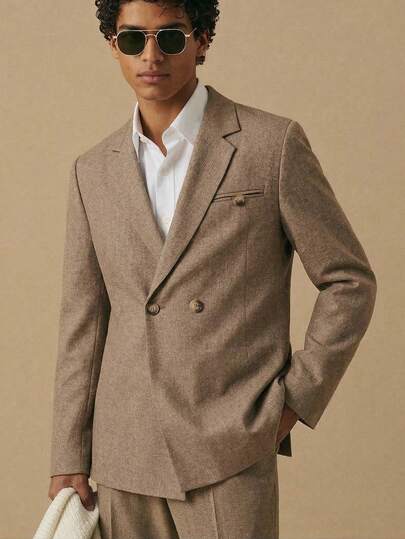 Manfinity Mode Men's Business Commute Double-Breasted Suit Jacket