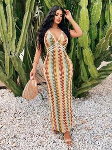 SHEIN SXY Plus Size Teal Boho Summer Beach Holiday Long Slip Dress,Yellow Woolen Fabric Contrasting Colors Embellishments,Elegant Casual Bohemian Slim Fit Dress - Multicolor - View 3