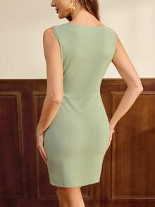 Vintamour 复古经典优雅女士连衣裙，春夏修身褶皱连衣裙，绿色无袖迷你连衣裙 - 綠色 - 查看 2