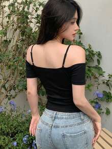DAZY Women's Solid Color Off-Shoulder Fitted Casual Top - Black - View 3