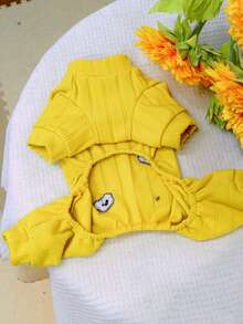 PETSIN 1件宠物服装，刺绣泰迪熊卡通图案连体衣，猫狗通用舒适柔软家居服 - 黃色 - 查看 9