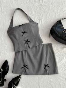 Elamini Women's Spring/Summer Square Neck Bow Tie Cropped Tight Vest & Low Waist Mini A-Line Slit Skirt Suit Set - Grey - View 3