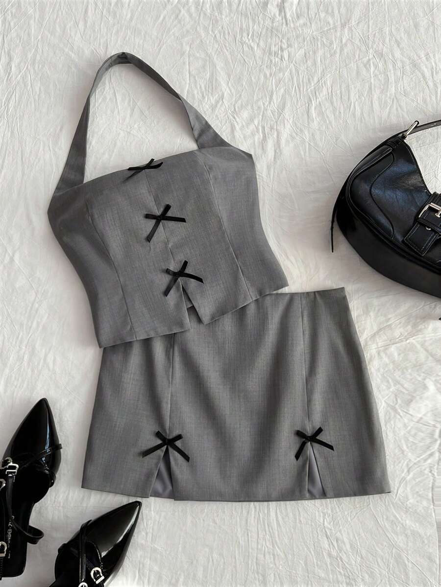 Elamini 女士春夏方领蝴蝶结短款紧身背心及低腰A字开衩迷你裙套装 - 灰色 - 查看 1