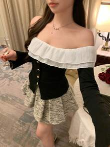 DAZY 春夏两用荷叶边撞色T恤，优雅百搭，适合情人节、婚礼、派对、时尚活动，修身露肩黑色长袖T恤 - 黑色 - 查看 4