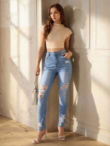 Selenza High Waist Ripped Skinny Jeans - Light Wash - View 6