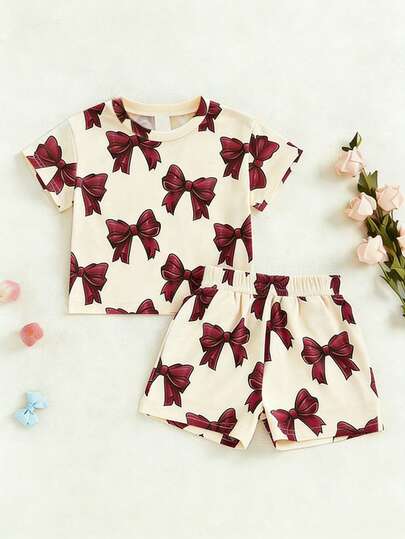 2pcs/Set Toddler Girls' Casual Bow Print T-Shirt And Solid Loose Shorts Set, Comfortable For Home And Daily Wear