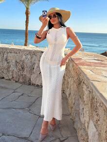EURMUSE Crochet Hollow Out Beachwear Maxi Dress - Apricot - View 6