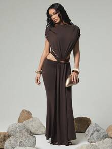 Hauture Đầm maxi dáng đuôi cá, chất liệu jersey trơn, xếp ly, hở hông, có dây thắt lưng. - màu nâu - Xem 1