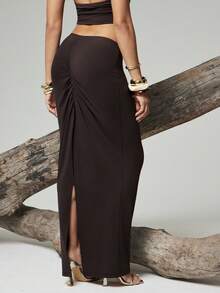 Hauture Solid Jersey Ruched Maxi Bodycon Skirt - Brown - View 4