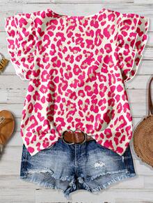 SHEIN Clasi 休闲简约风粉色豹纹荷叶边下摆女式衬衫，适合春夏穿着 - 彩色 - 查看 2