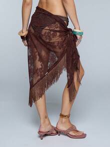 COUREZ Penutup Pantai Multiwear Motif Polka Cokelat dengan Hiasan Rumbai, Pakaian Liburan Musim Panas Gaya Boho untuk Wanita, Pakaian Renang Musim Semi Gaya Y2K - Coklat - View 3