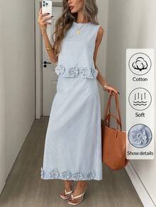 Easowa 女士蓝白条纹棉质半身裙套装（2件套），3D立体花卉设计，无袖上衣搭配长裙，适合浪漫假期、VIP婚礼季及日常通勤。 - 彩色 - 查看 3