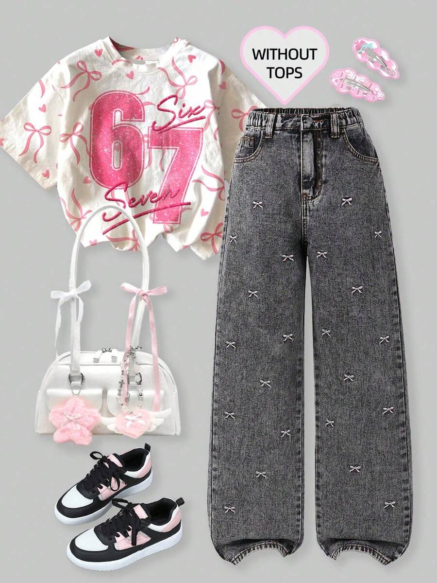 SHEIN Sparklyn Jeans de pierna ancha para niñas, pantalones rectos con diseño de lazo bordado, jeans de corte holgado para niñas - Gris - Ver 1