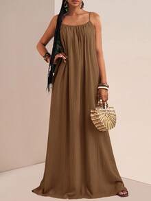 Zivah 夏季新音乐节复活节圣帕特里克节西部波西米亚风生日毕业学生日常休闲度假邮轮海滩日光浴爆款无袖可调节肩带竖纹宽松卡其色女装 - 鏽棕色 - 查看 6