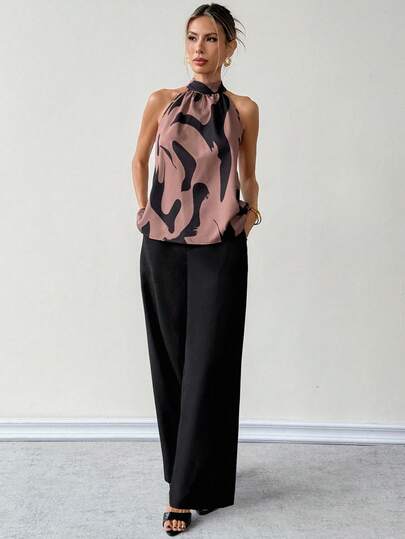 Rafferiza 女士优雅印花吊带上衣和纯色长裤两件套