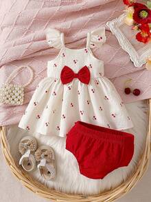 SHEIN Newborn Baby Summer Sweet Cherry Print Ruffle Trim Dress & Diaper Cover 2pcs Set - Red - View 4
