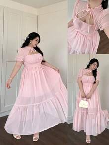 Vibekara Vestido de gasa con mangas de globo y nudo delantero, estilo francés elegante y dulce, que cintura la cintura, favorecedora, adecuada para , verano, vacaciones y bodas - Multicolor - Ver 1