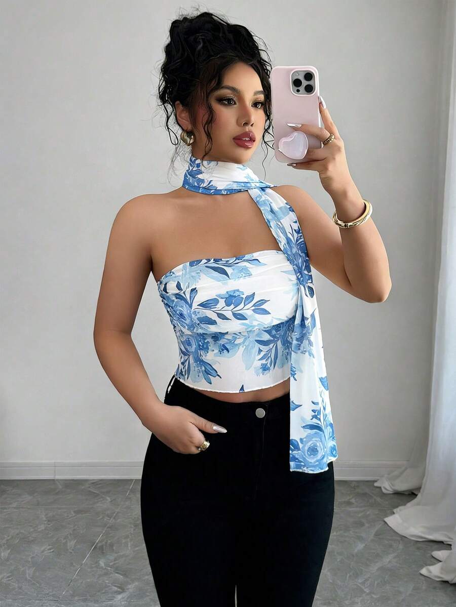 Selianne 浪漫藍色花卉印花雪紡荷葉邊緞帶圍巾優雅上衣,女款休閒度假日常穿著,春/夏 - 藍色 - 查看 1