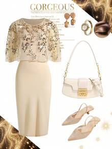 Ellevyn Apricot Elegant Sequin Embellished Fitted Cape Dress - Apricot - View 8