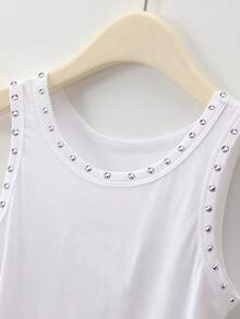 INAWLY Top de tirantes con lentejuelas y aplicaciones de lentejuelas, estilo de ropa urbana, camisa corta de moda - Blanco - Ver 4