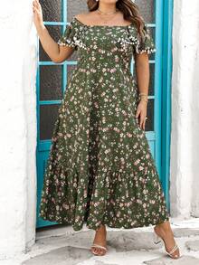 SHEIN CURVE+ Vestido con volantes de manga y estampado floral elegante para mujeres de talla grande, para uso diario - Multicolor - Ver 9