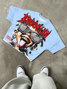 Manfinity Roghcode Kaos Streetwear Musim Panas Pria Warna Biru Muda, Kaos Lengan Pendek Leher Bulat Raglan dengan Grafis Potret Liburan Kota, Cetakan Kreatif Gaya Y2K Pakaian Rock Rap - MultiWarna - View 3