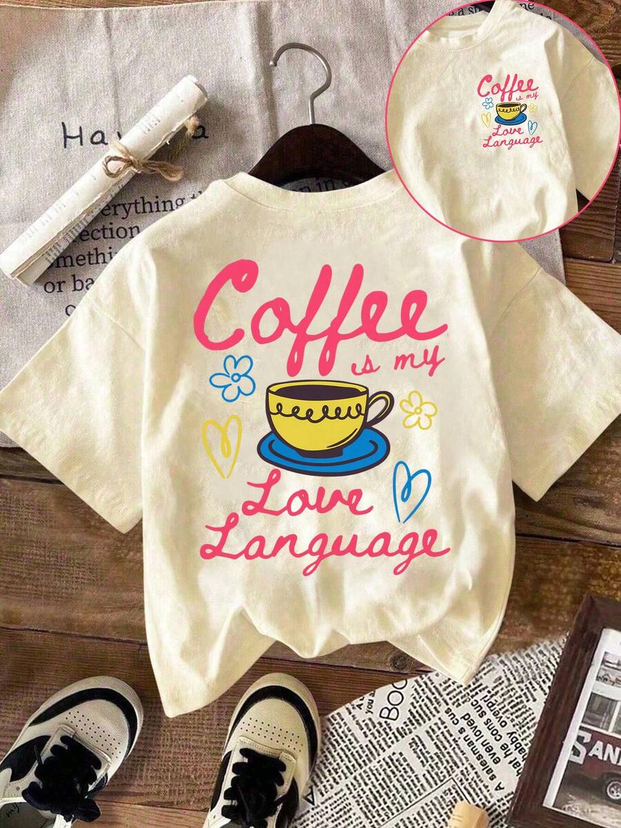 EMERY ROSE Áo thun nữ in hình "Cà phê", cổ tròn, tay ngắn, kiểu dáng đơn giản và dễ phối đồ cho mùa hè. - Màu be - Xem 1