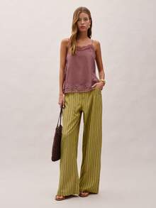 Nöista Olive Green Vertical Striped Loose-Fitting Trousers, With A Relaxed Straight Leg Design, Offering A Casual And Versatile Style. A Must-Have For Spring And Summer, Combining Comfort And Fashion, Perfect For Vacations And Casual Shopping, Offering Exceptional Practicality. - Green - View 1