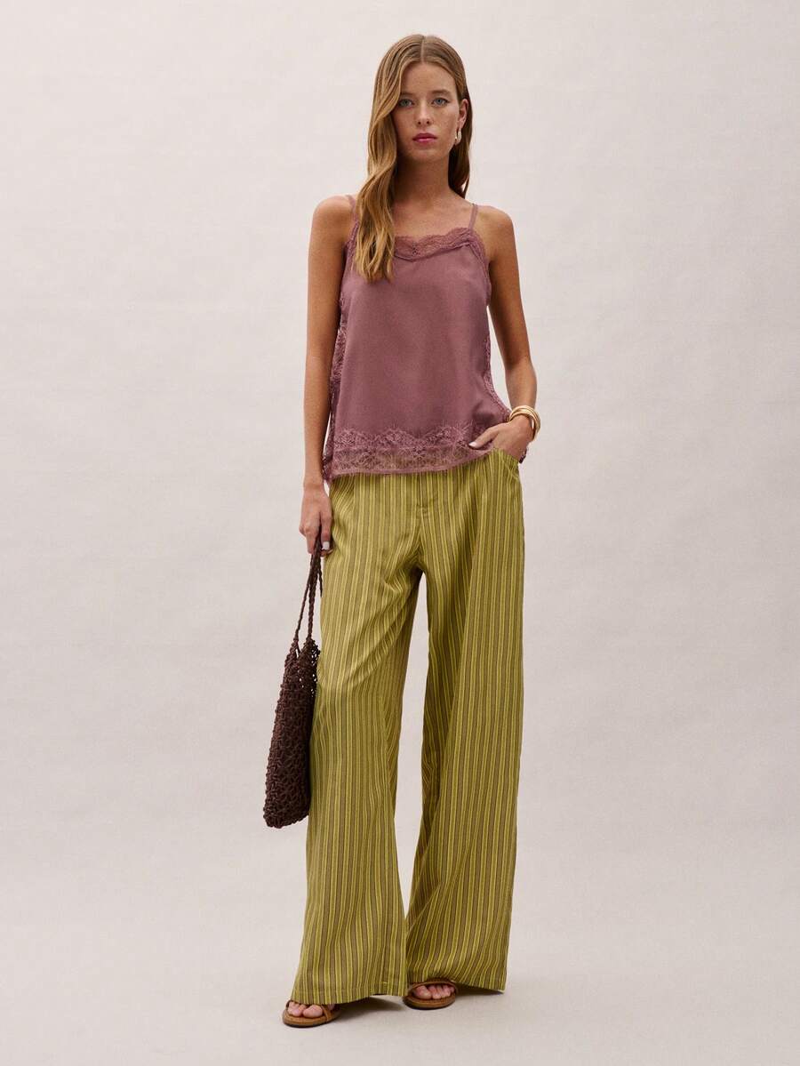 Nöista Olive Green Vertical Striped Loose-Fitting Trousers, With A Relaxed Straight Leg Design, Offering A Casual And Versatile Style. A Must-Have For Spring And Summer, Combining Comfort And Fashion, Perfect For Vacations And Casual Shopping, Offering Exceptional Practicality. - Green - View 1