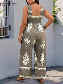 SHEIN PETITE Bộ áo liền quần dáng suông in họa tiết Totem, dây thun co giãn, cỡ lớn, thích hợp cho phụ nữ thấp bé, kiểu dáng rộng rãi và thoải mái, thích hợp mặc mùa hè. Áo liền quần cho nữ, trang phục mùa hè cho nữ. - Nhiều màu - Xem 2