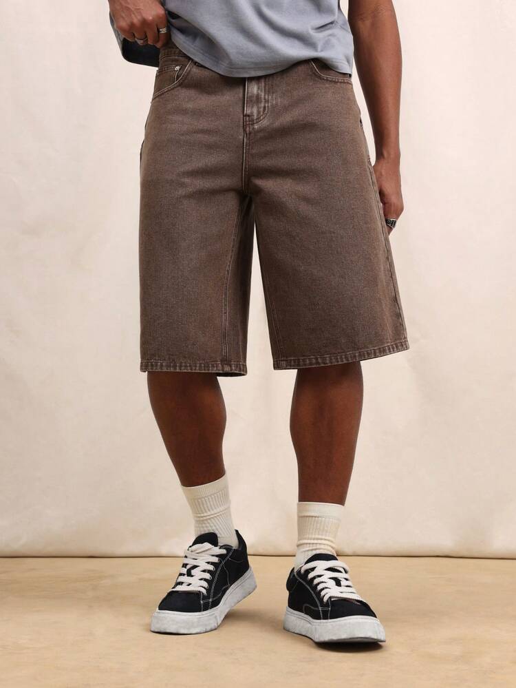 SUMWON Men's Relaxed Fit Brown Denim Jorts Knee Length Bermuda Style Casual Summer Shorts With Pockets Classic Vintage Wash