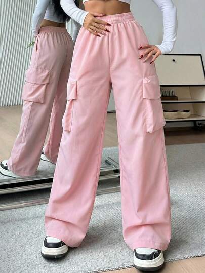 SHEIN EZwear 女士休闲纯色梭织高腰阔腿工装裤，多口袋设计，户外休闲裤，宽松宽松裤，粉色裤，降落伞裤，超大码裤，夏季裤，粉色阔腿裤，高腰工装裤