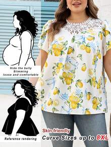 SHEIN CURVE+ 加大码 US22 音乐节、海滨度假、波西米亚风女士假日蕾丝花卉印花花瓣短袖衬衫 夏季/乡村/海滩度假/沙滩装、夏季上衣 - 白色 - 查看 1