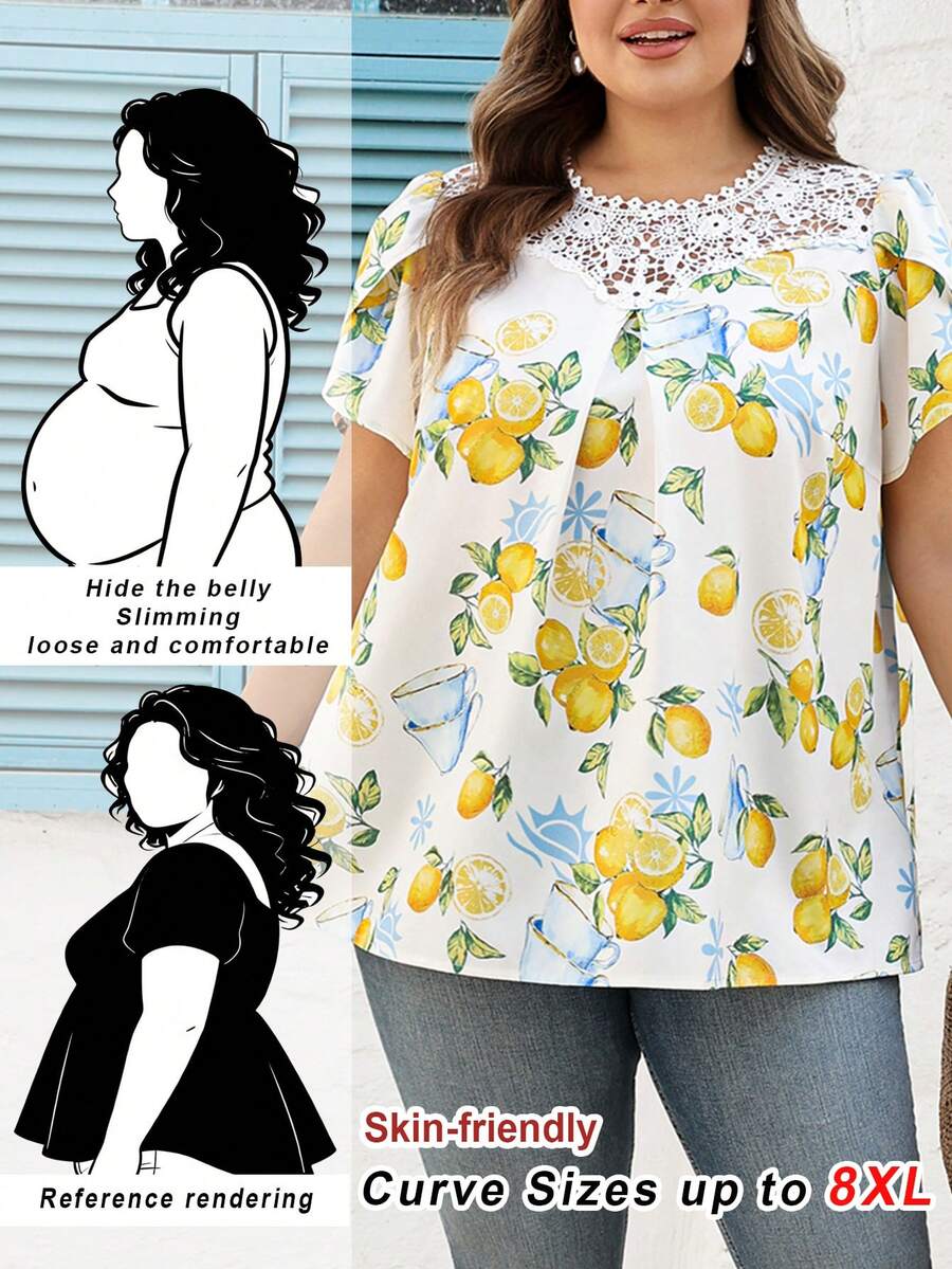 SHEIN CURVE+ 加大码 US22 音乐节、海滨度假、波西米亚风女士假日蕾丝花卉印花花瓣短袖衬衫 夏季/乡村/海滩度假/沙滩装、夏季上衣 - 白色 - 查看 1