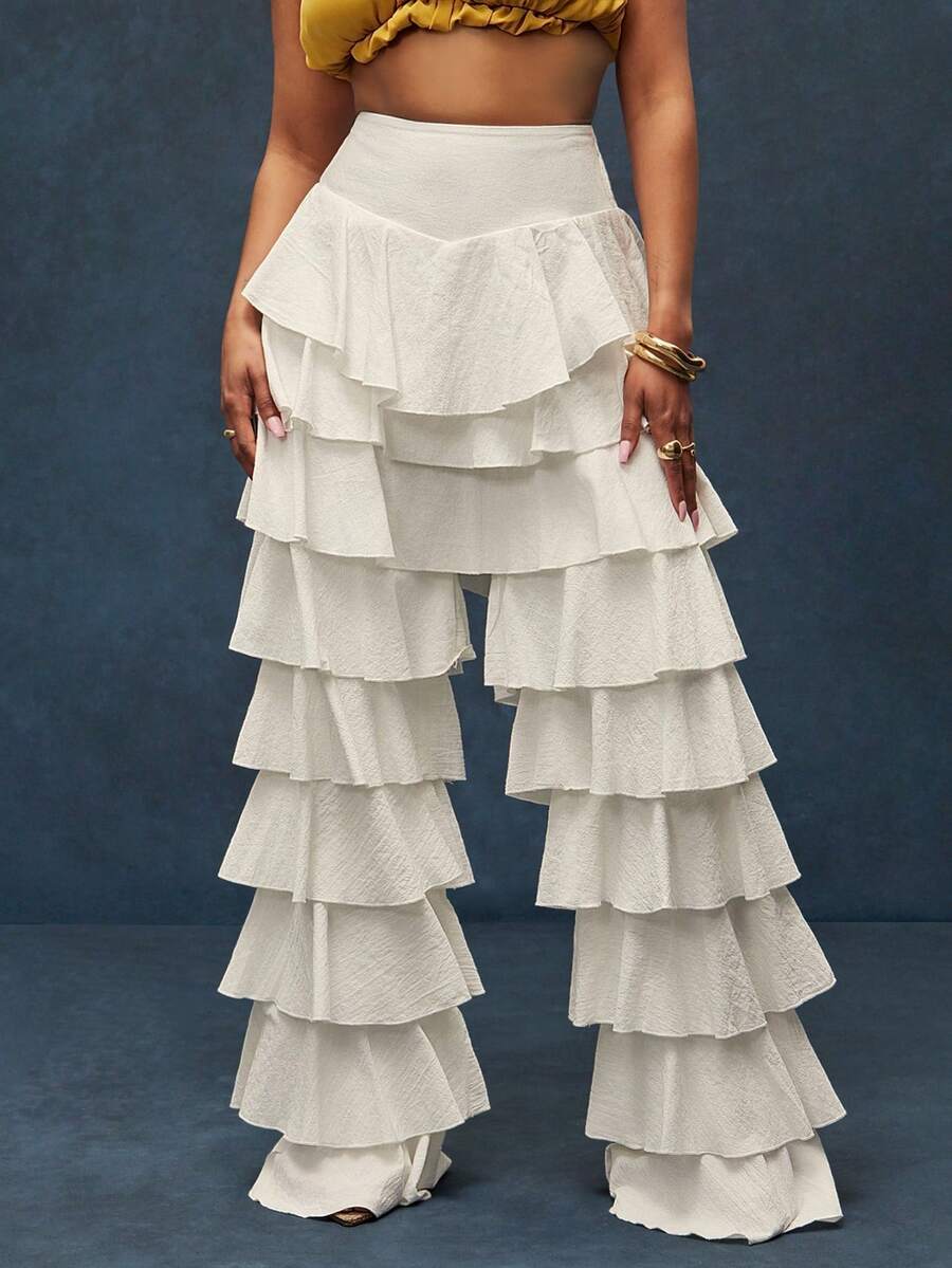100% Cotton High Waist Shirred Back Tiered Ruffle Pants - White - View 1