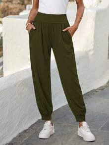 EMERY ROSE Women's Casual Solid Color Drawstring Pants Olive Green Pants - Olive Green - View 3
