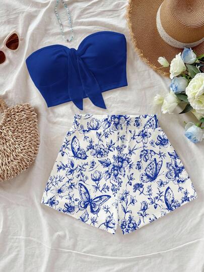 Soleia Conjunto de 2 piezas elegante y bohemio para mujer con estampado de mariposas, flores y hojas, adecuado para salidas, vacaciones, playa, fiestas, bodas, cumpleaños, carnavales, festivales de música, chic