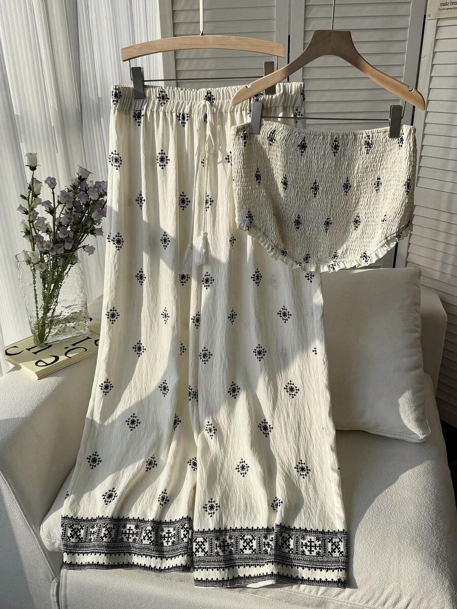 SHEIN EZwear 大尺碼女款夏季度假波西米亞風抹胸上衣與長褲套裝,居家穿著亞麻罩衫兩件套波西米亞洋裝 - 杏色 - 查看 1