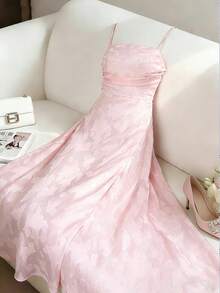 Elenzga Sleeveless Pleated Textured Jacquard Double-Layer Chiffon A-Line Dress, Waist Cinching Design, Light Pink, Elegant French Style, Suitable For Vacation & Wedding Season - Pink - View 6